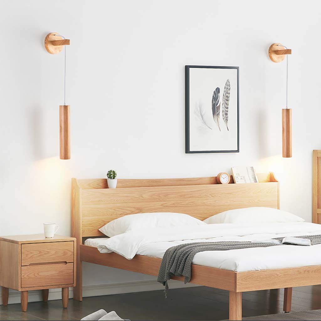 Minimalist Wood Tube Plug In Wall Mounted Lamp Bedroom