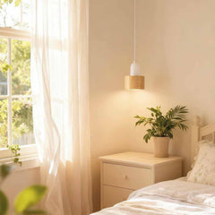 Moderne kleine hanglamp wit en houtnerf ijzer