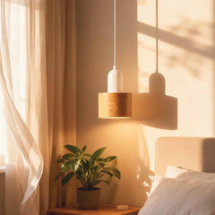 Moderne kleine hanglamp wit en houtnerf ijzer