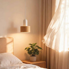 Moderne kleine hanglamp wit en houtnerf ijzer