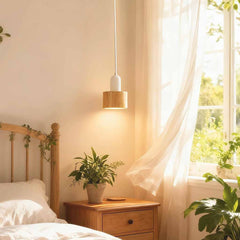 Moderne kleine hanglamp wit en houtnerf ijzer