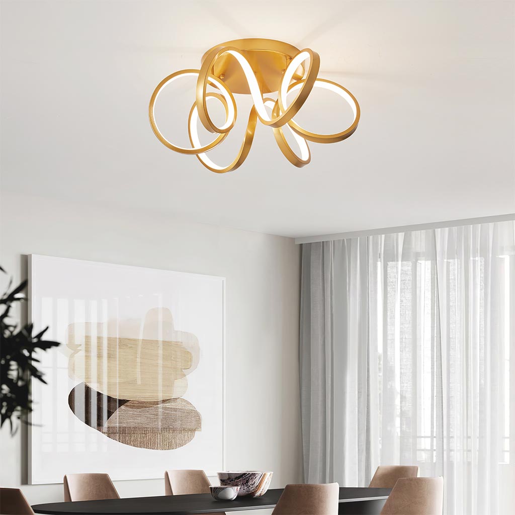 Modern Wave Semi Flush Mount Chandelier Ceiling Light Dining Room Gold