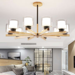 Modern Wood Glass Cylinder Chandelier Ceiling Light 10 Lights Living Room