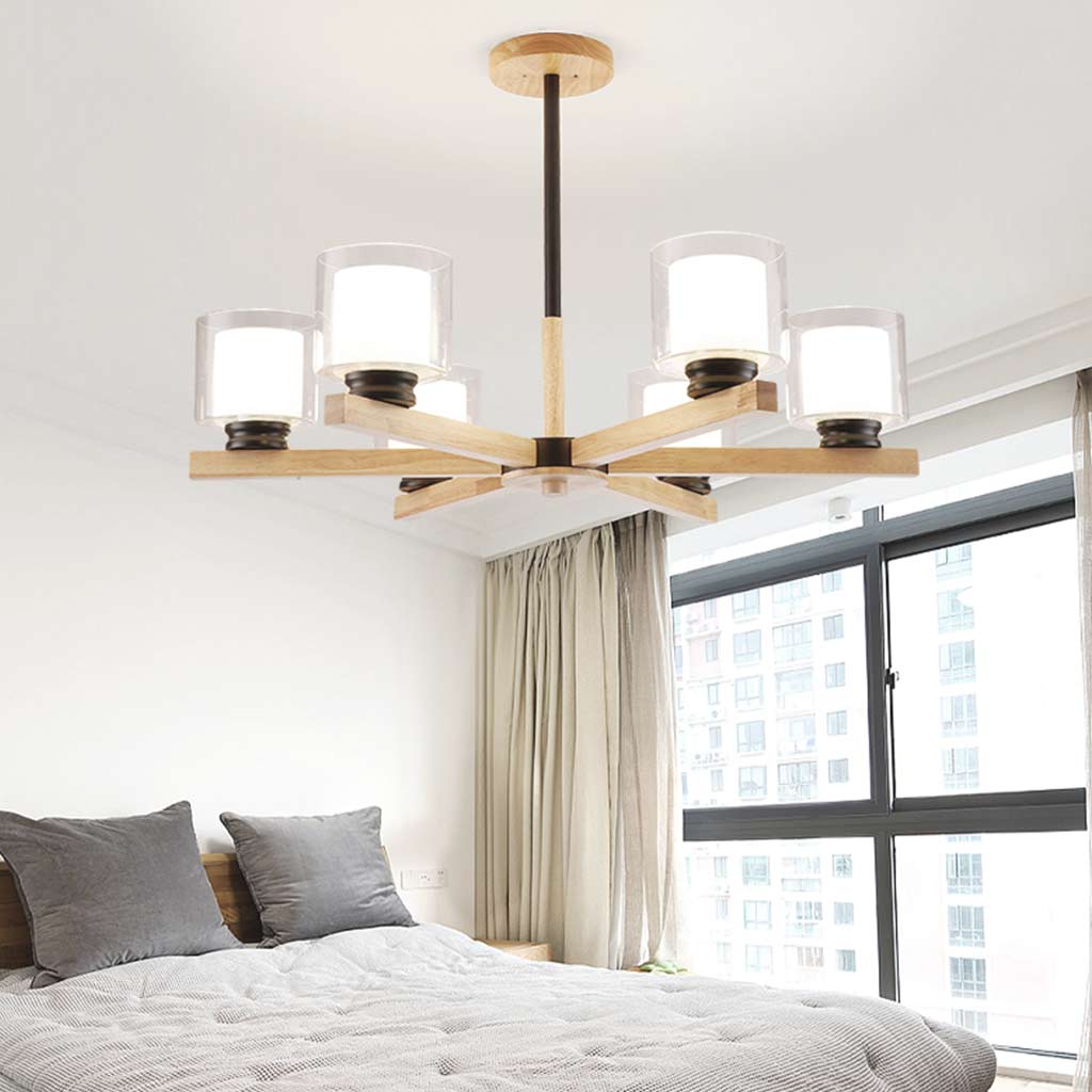 Modern Wood Glass Cylinder Chandelier Ceiling Light 6 Lights Bedroom