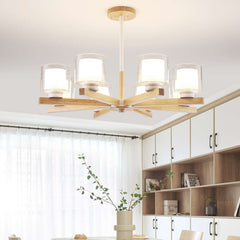 Modern Wood Glass Cylinder Chandelier Ceiling Light 8 Lights Dining Room