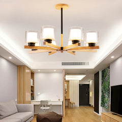 Modern Wood Glass Cylinder Chandelier Ceiling Light 8 Lights Living Room Black