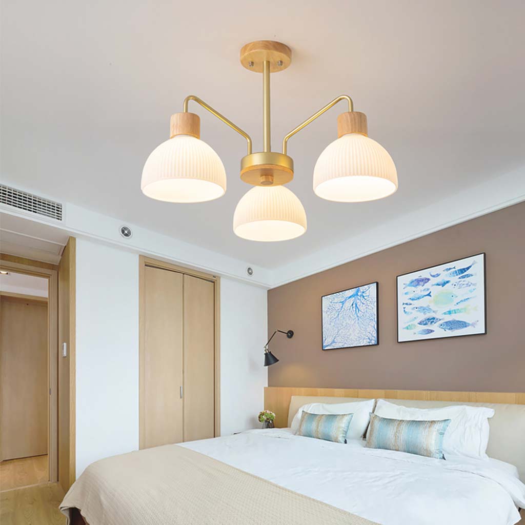 Modern Wood Glass Semi Flush Chandelier Bedroom