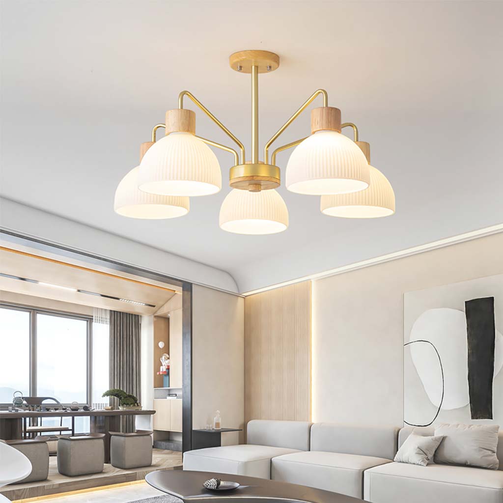 Modern Wood Glass Semi Flush Chandelier Living Room