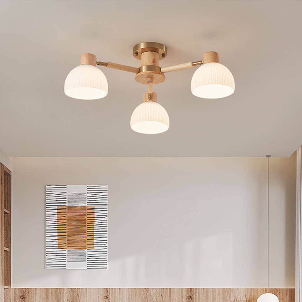 Modern Wood Glass Semi Flush Mount Chandelier Room 3 Lights