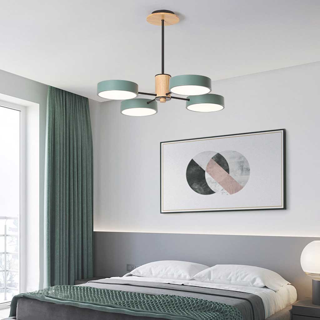 Multi Arm Nordic LED Metal Wood Chandelier 4 Green Bedroom