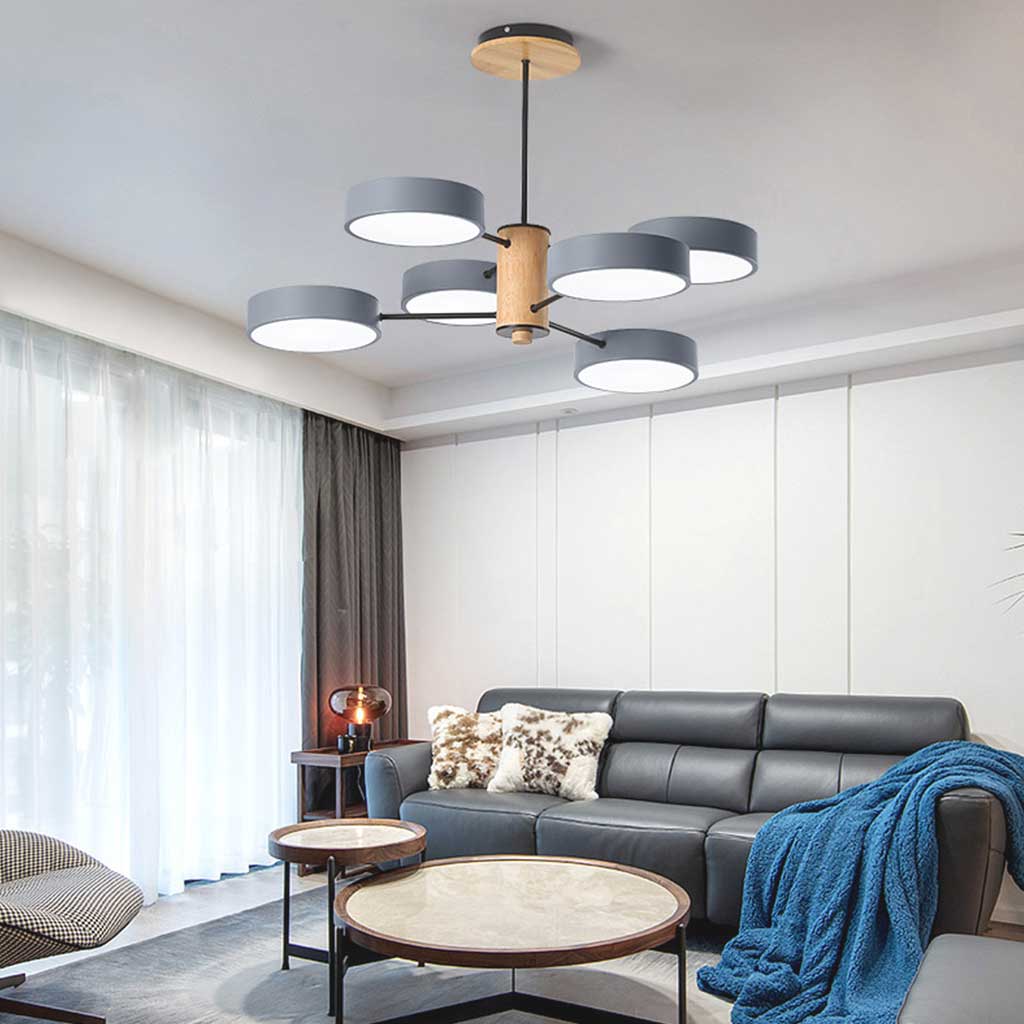 Multi Arm Nordic LED Metal Wood Chandelier 6 Grey Living Room