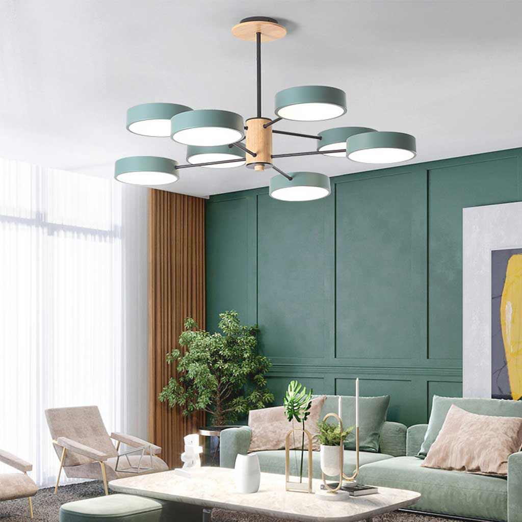 Multi Arm Nordic LED Metal Wood Chandelier 8 Green Living Room