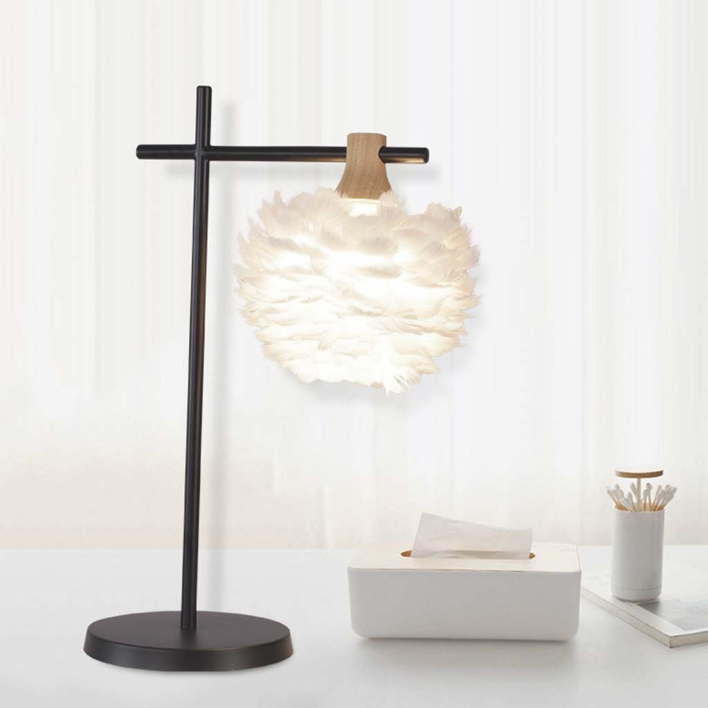 Nordic Feather White Shade Black Base Table Desk Lamp Reading Room