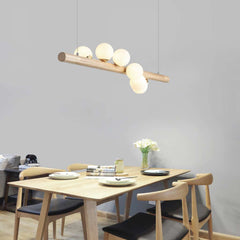 Novelty Wood Glass Globe Linear Chandelier Dining Room 7 Lights