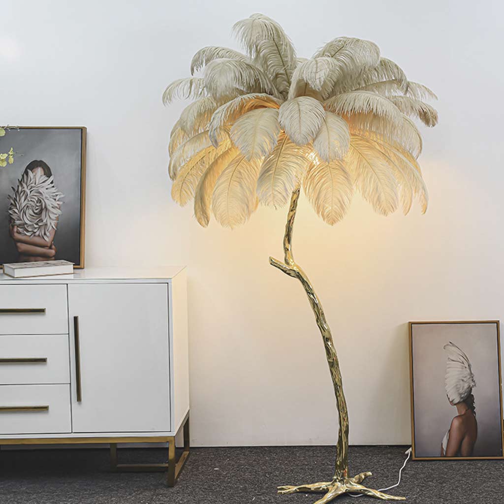 Luxury Ostrich Feather Palm Tree Floor Lamp Camel