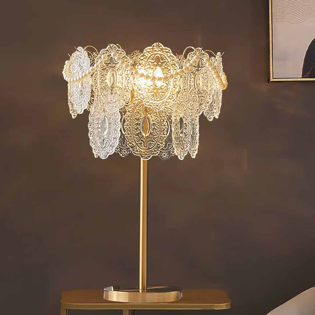 Lámpara de mesa de cristal escalonada con perlas para habitación