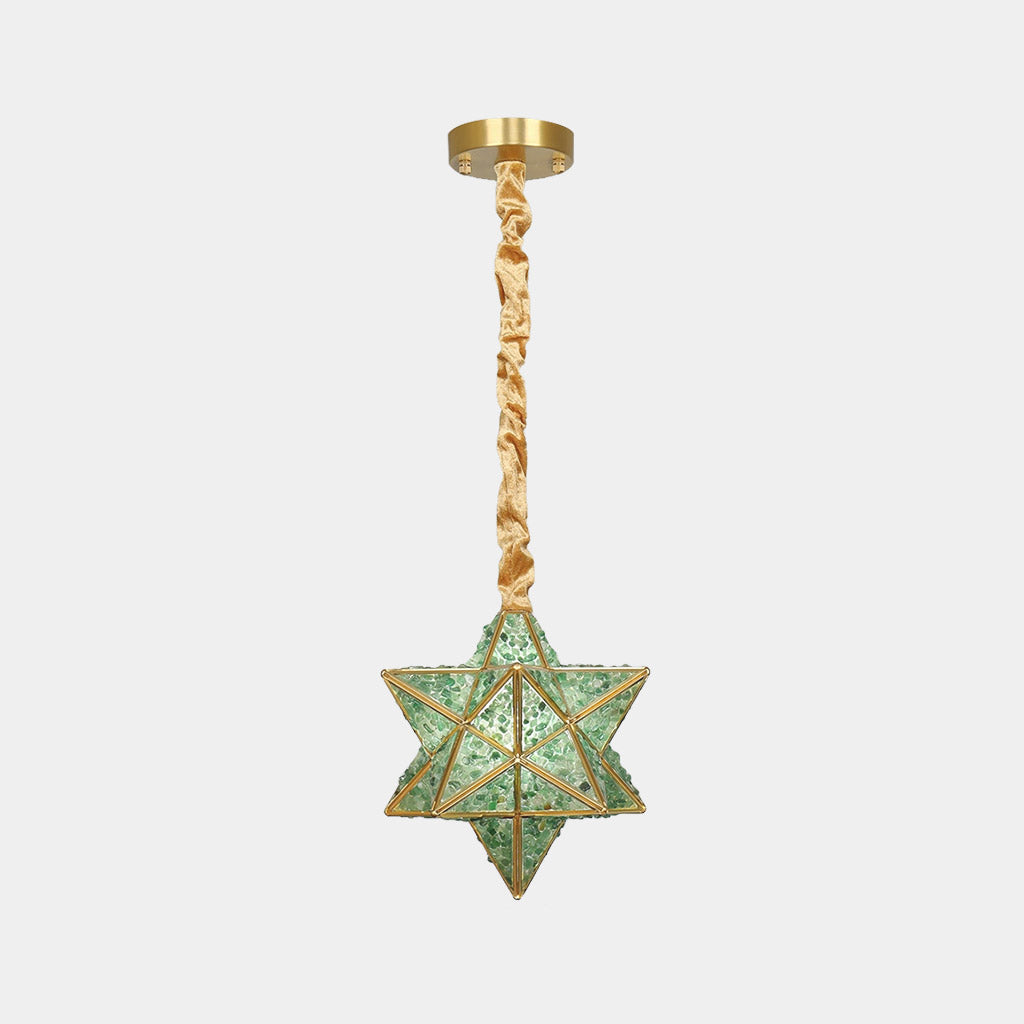 Pendant Light Art Deco Brass Crystal Star Green