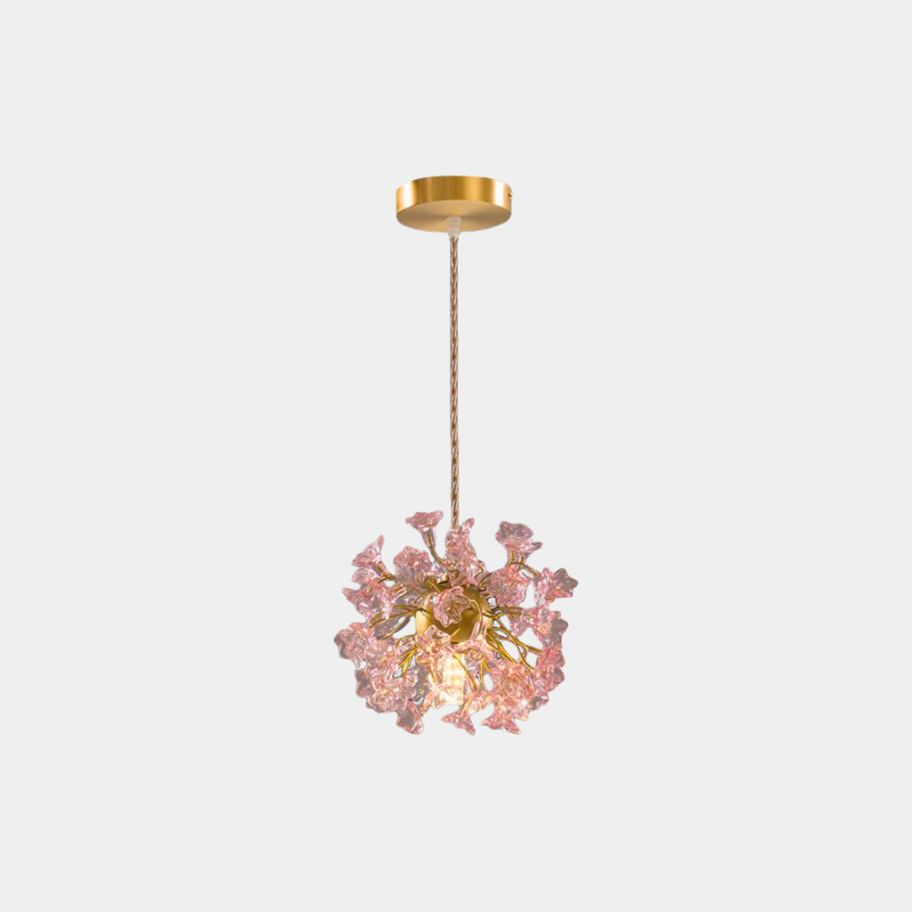 Pendant Light French Floral Brass Crystal Pink
