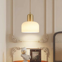 Pendant Light Japandi Cream Ribbed Glass Dome Shade Bedroom