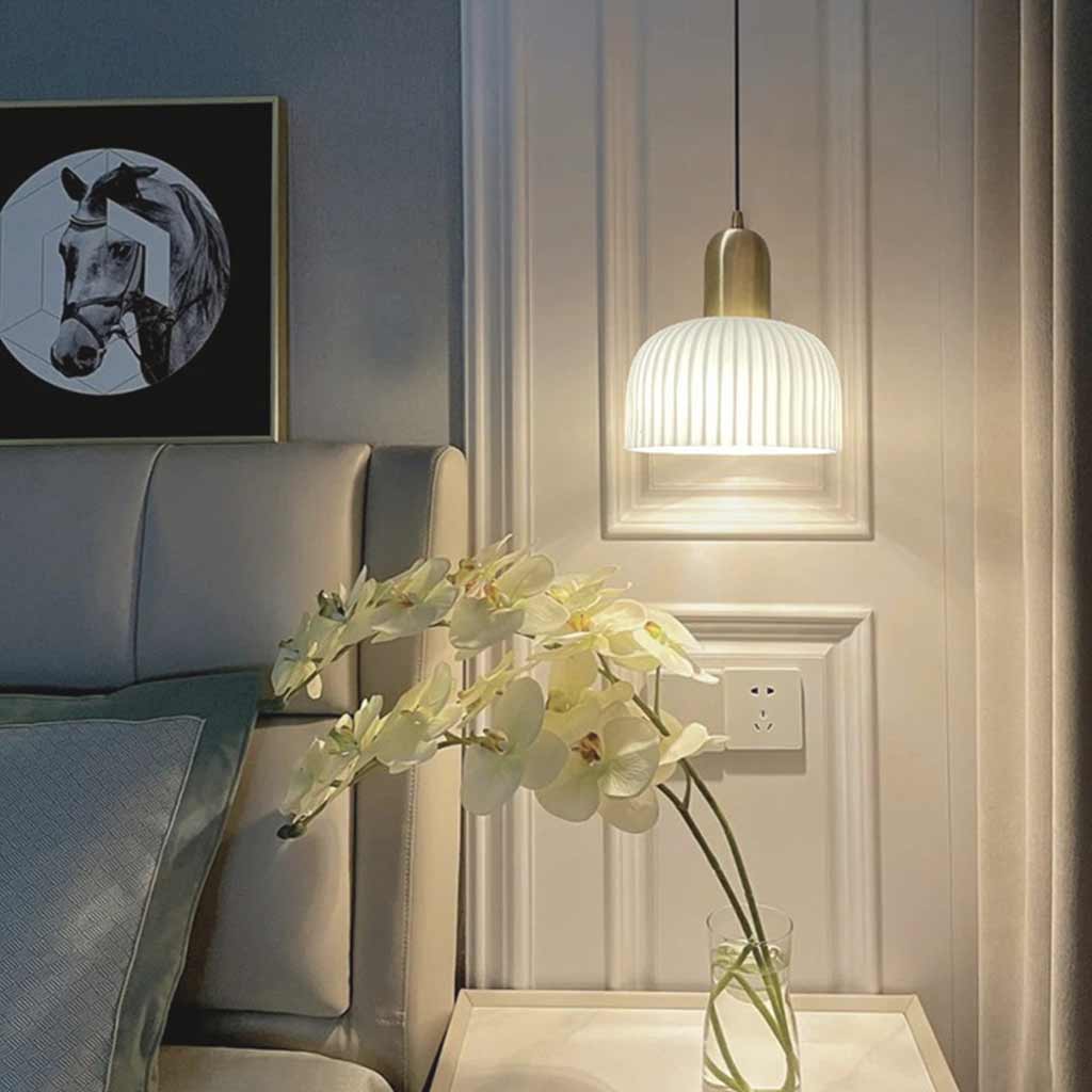 Pendant Light Japandi Cream Ribbed Glass Dome Shade White Bedroom