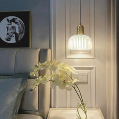 Pendant Light Japandi Cream Ribbed Glass Dome Shade White Bedroom