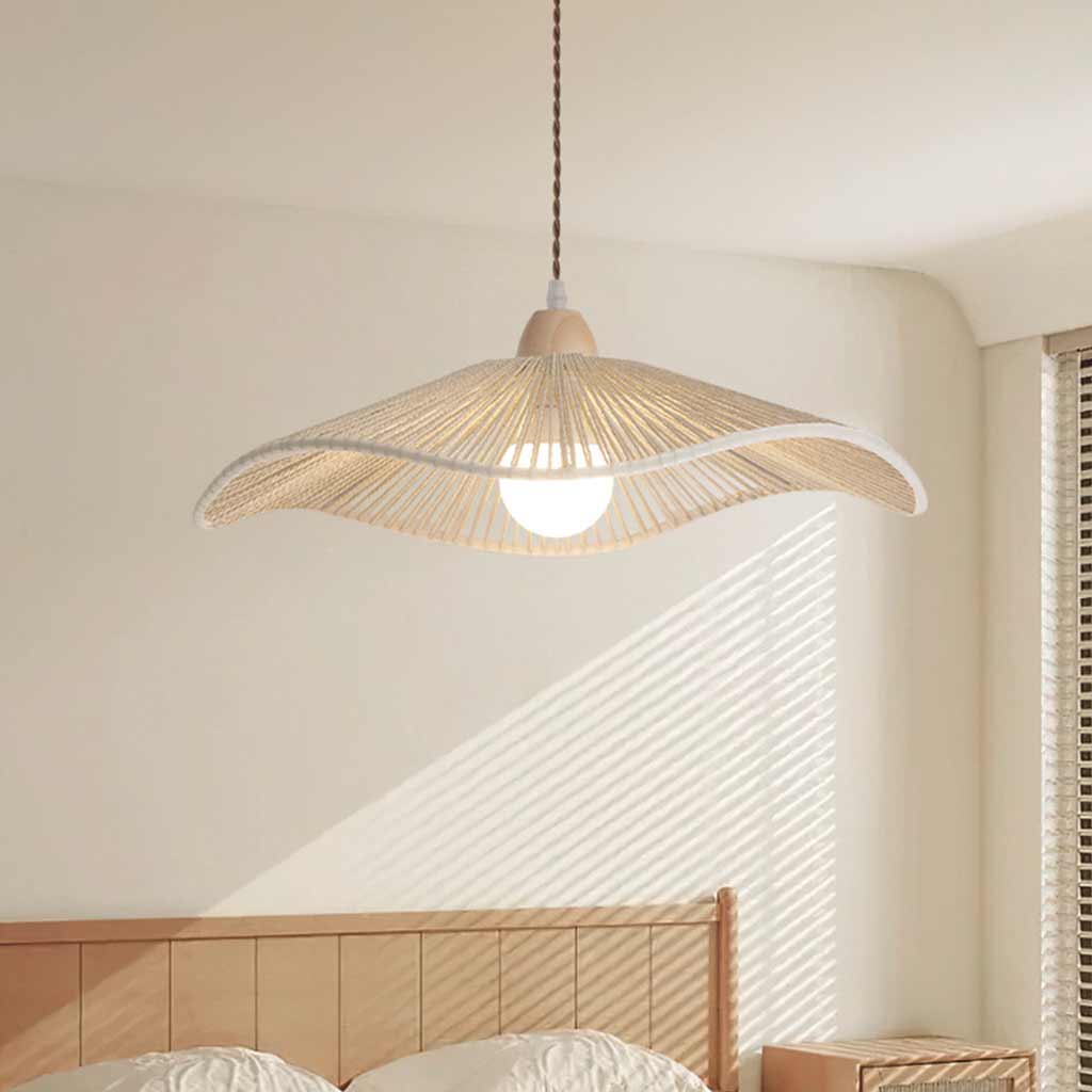 Pendant Light Japandi Hemp Rope Straw Hat Log Bedroom