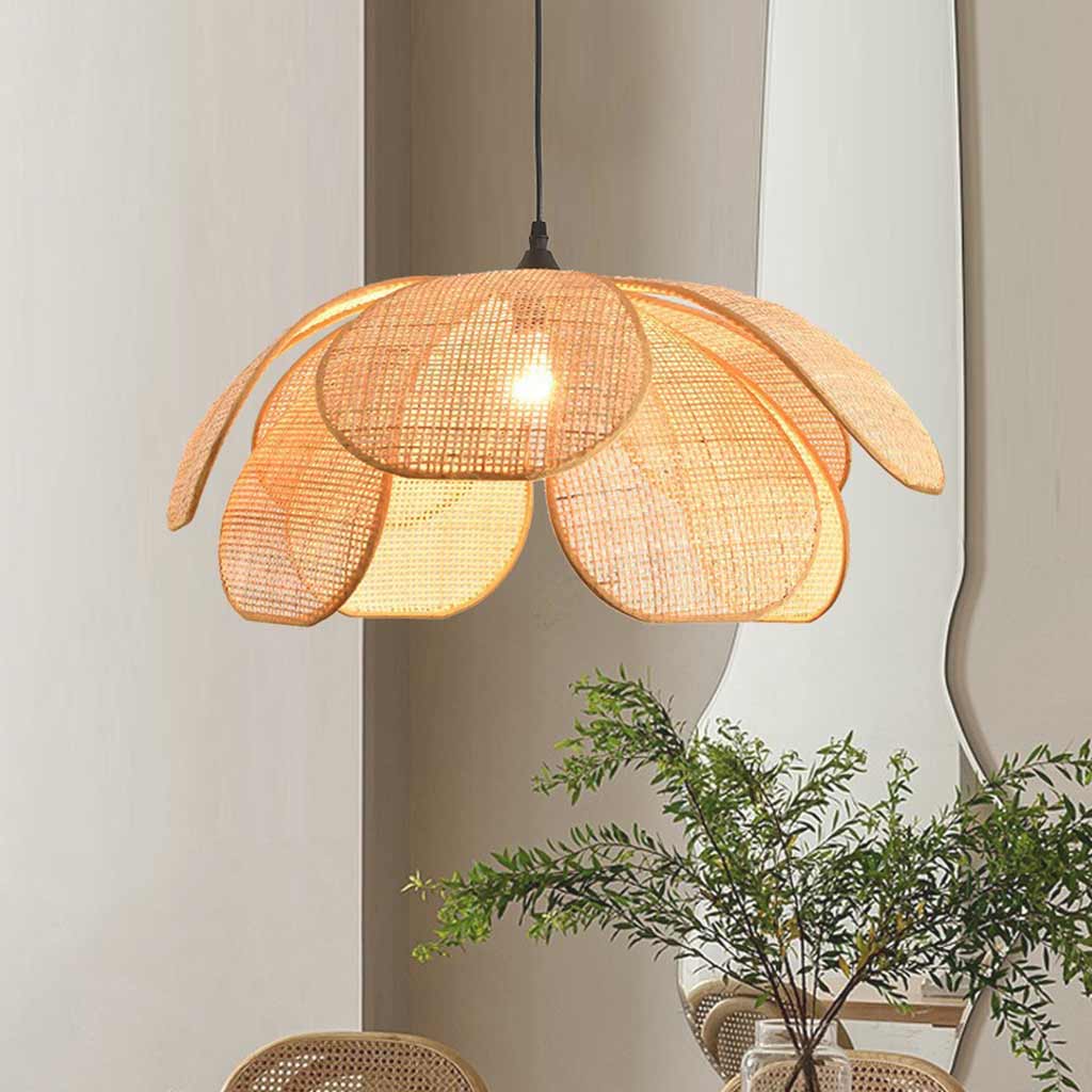 Pendant Light Japanese Ambient Woven Rattan Petal Dining Room
