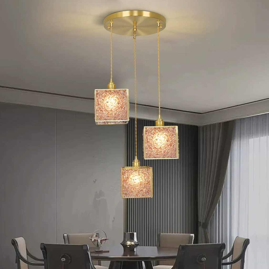Pendant Light Luxury Handmade 3 Light Brass Crystal Cube Dining Table