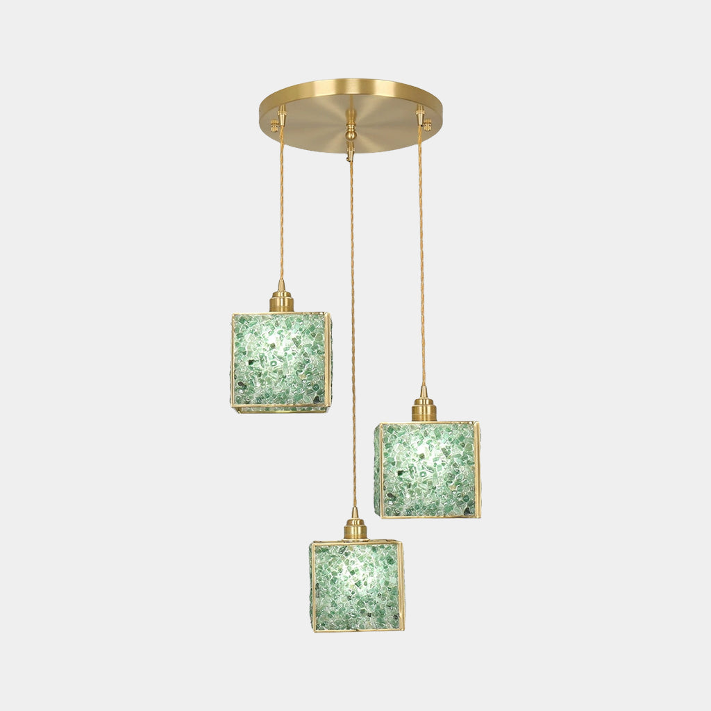 Pendant Light Luxury Handmade 3 Light Brass Crystal Cube Green