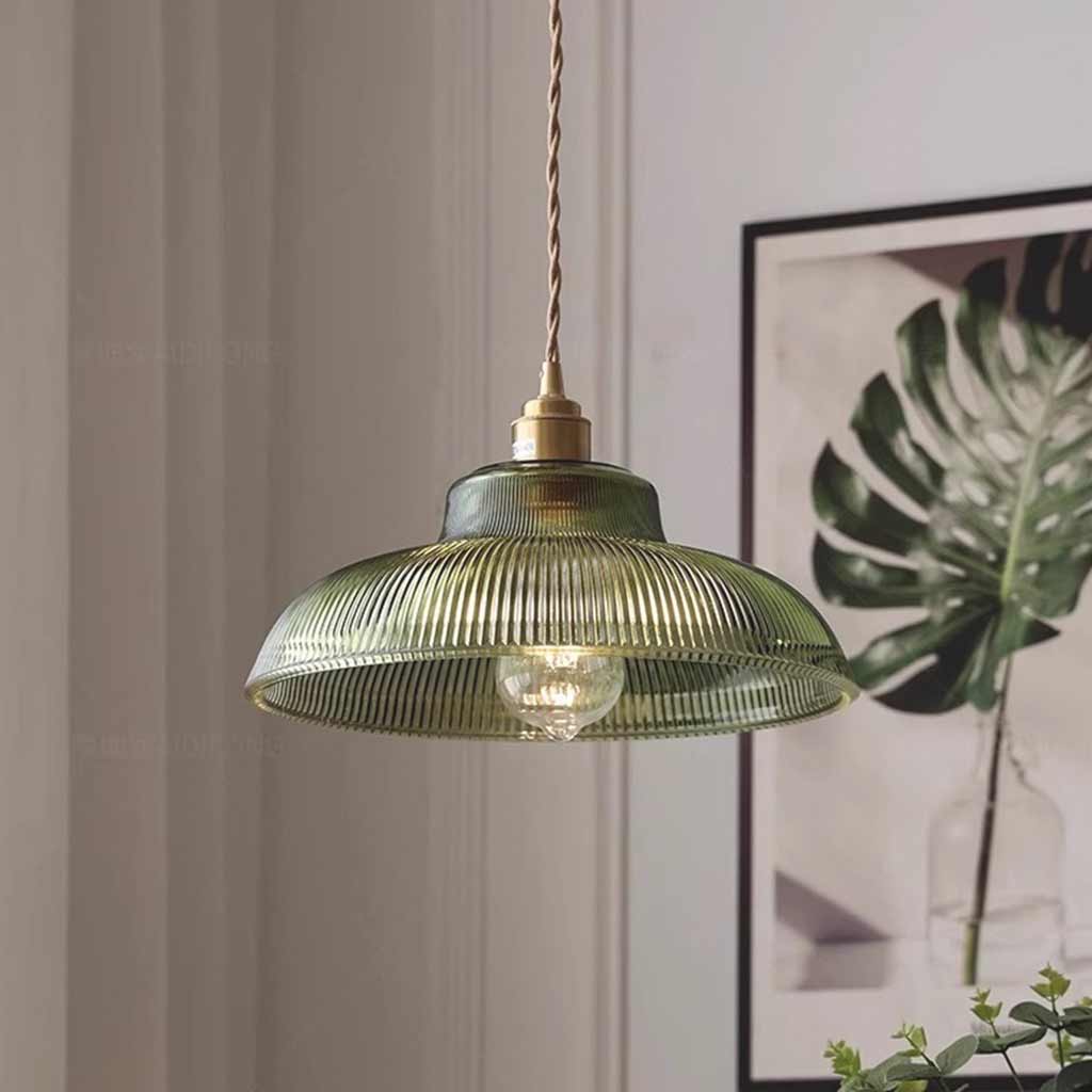 Pendant Light Vintage Brass Ribbed Glass Green Corner