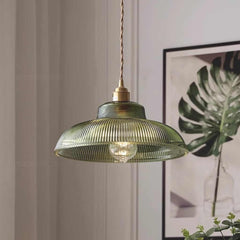 Pendant Light Vintage Brass Ribbed Glass Green Corner