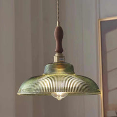 Pendant Light Vintage Brass Ribbed Glass Green Room
