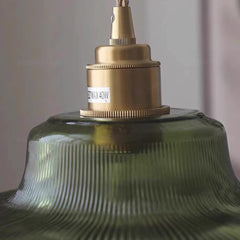 Pendant Light Vintage Brass Ribbed Glass Green Shade