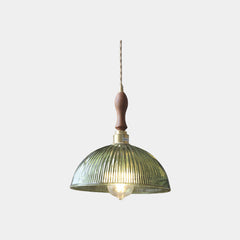 Pendant Light Vintage Brass Ribbed Glass Green