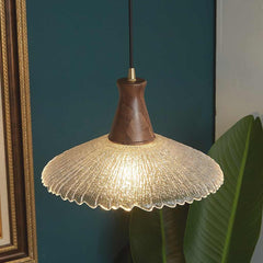 Pendant Light Vintage Japandi Saucer Brass Wood Glass Hat Corner