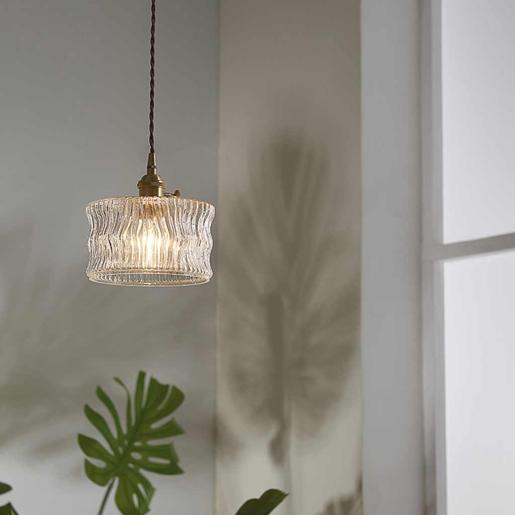 Pendant Light Vintage Small Brass Carved Glass Drum Corner