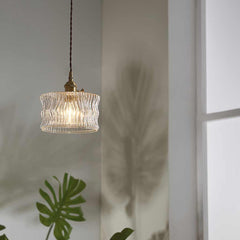 Pendant Light Vintage Small Brass Carved Glass Drum Corner