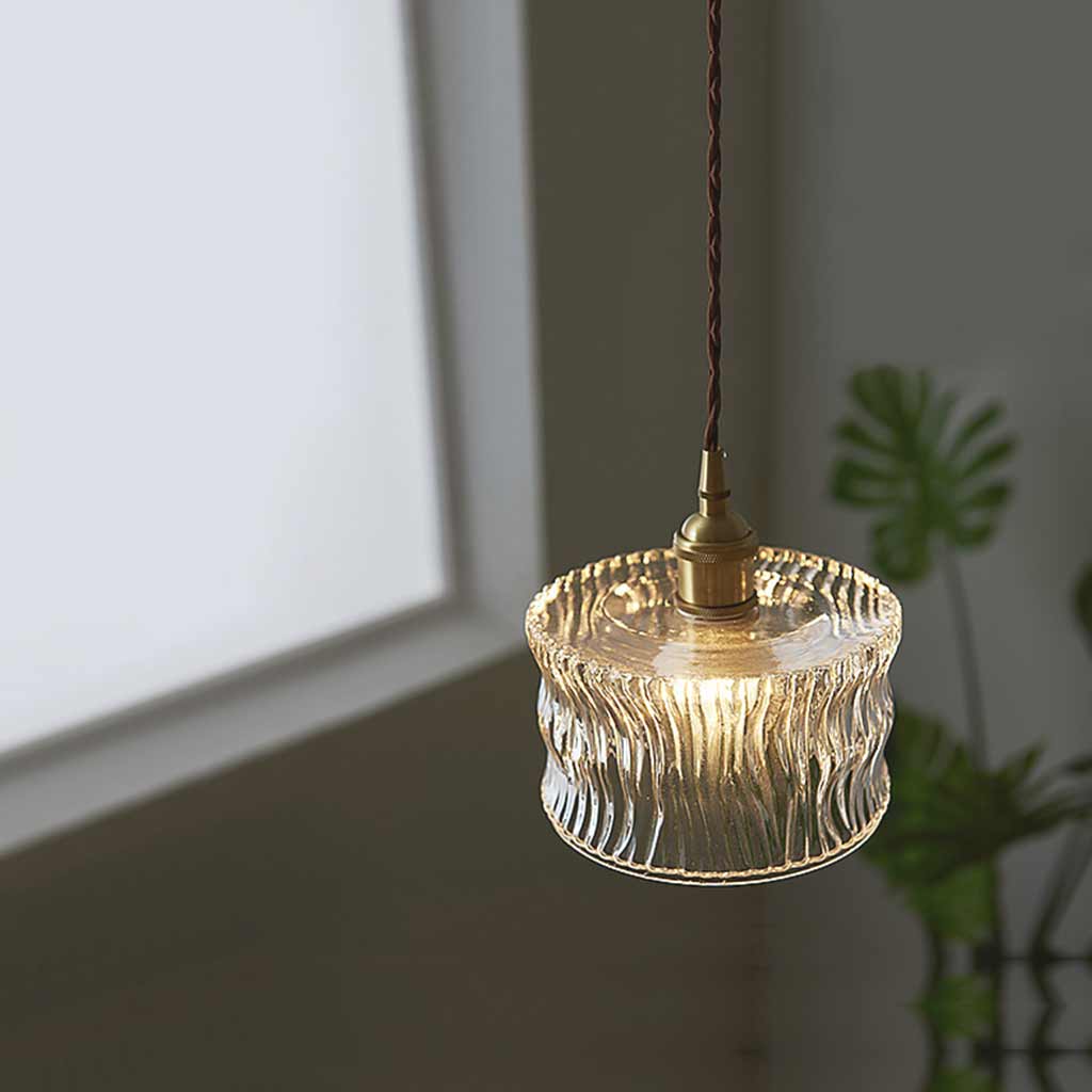 Pendant Light Vintage Small Brass Carved Glass Drum Room