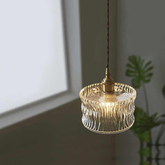 Pendant Light Vintage Small Brass Carved Glass Drum Room