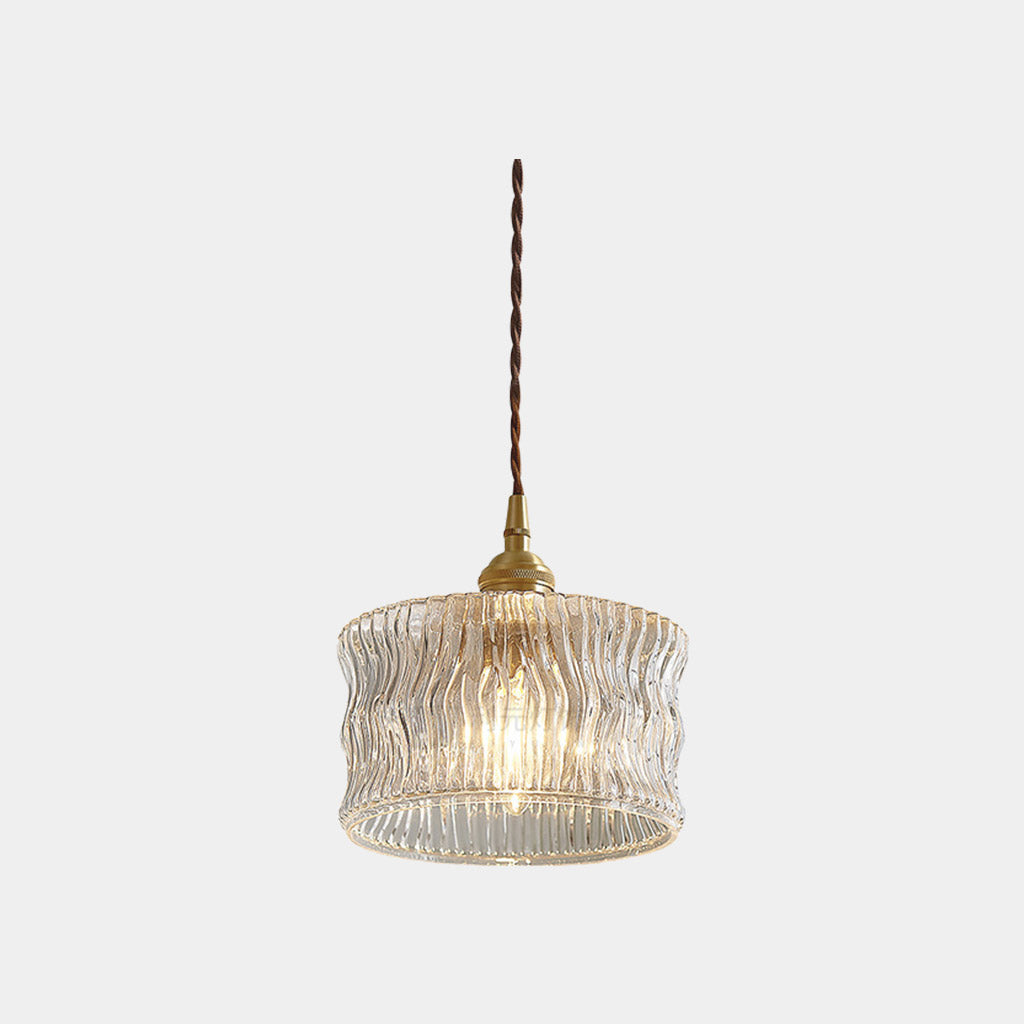 Pendant Light Vintage Small Brass Carved Glass Drum