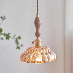 Pendant Light Walnut Wood Flower Amber Glass Room