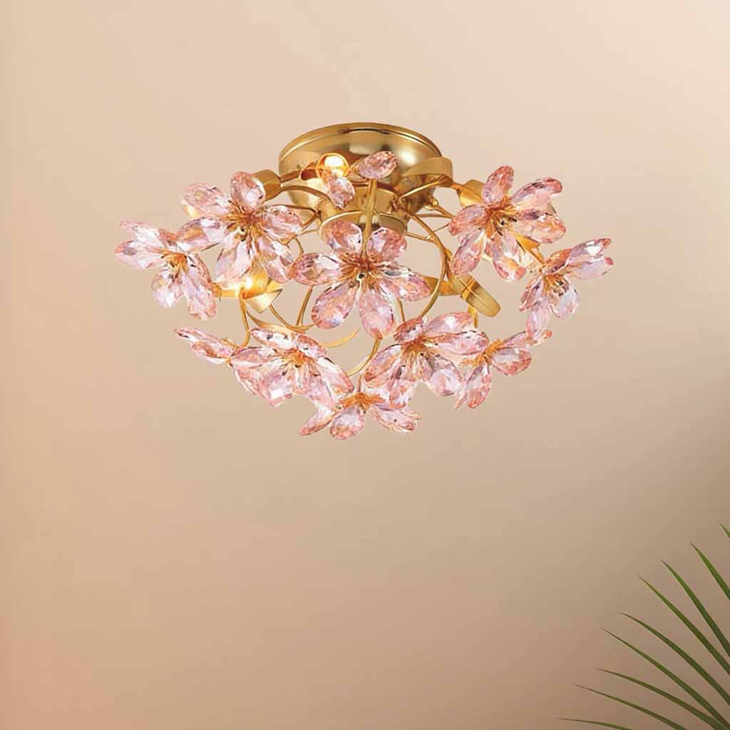 Pink Crystal Flower Ceiling Light Semi Flush Mount Dining Room