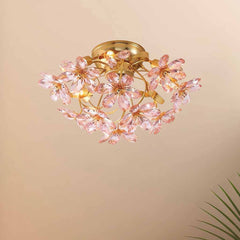 Pink Crystal Flower Ceiling Light Semi Flush Mount Dining Room