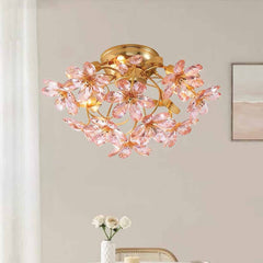 Pink Crystal Flower Ceiling Light Semi Flush Mount Dining Table