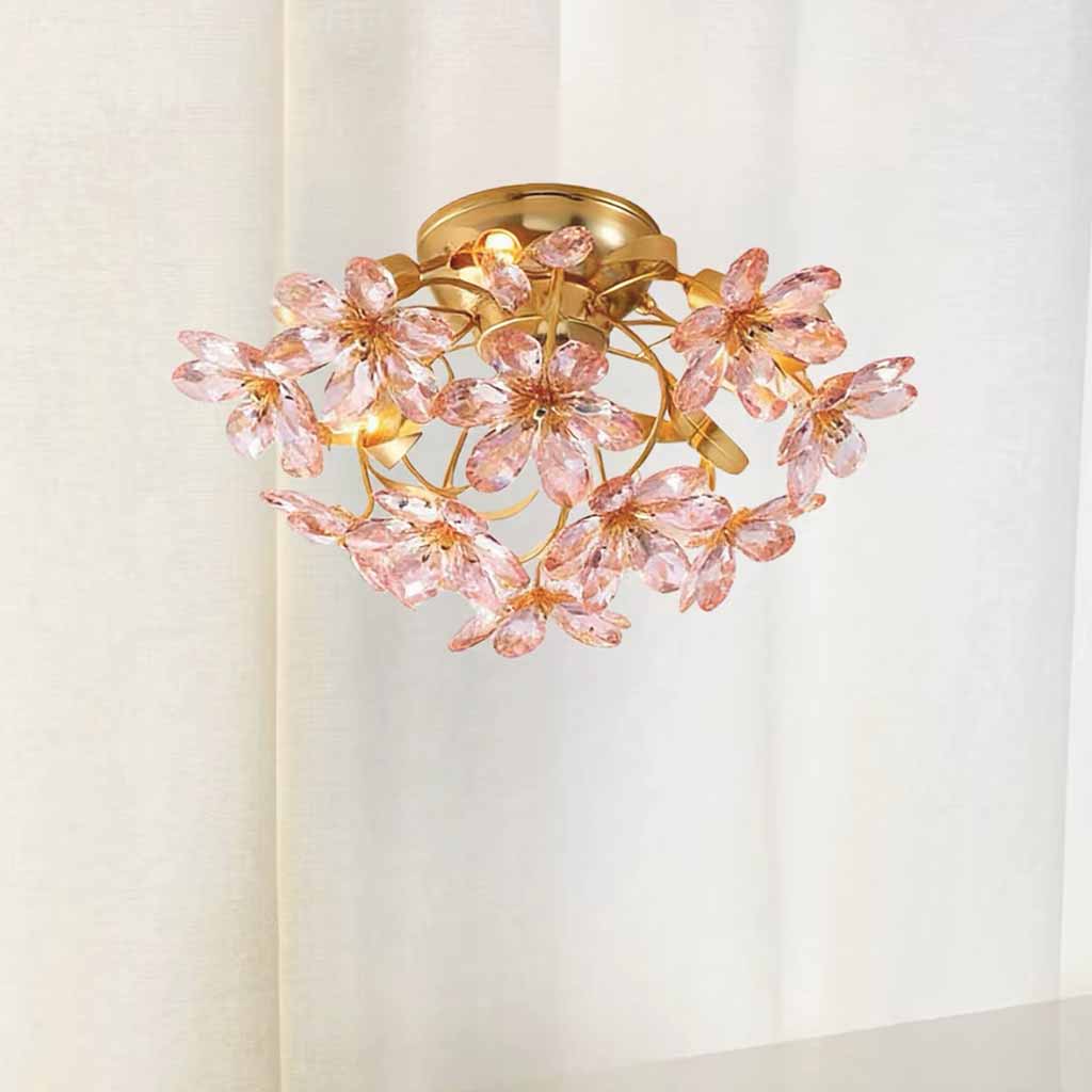 Pink Crystal Flower Ceiling Light Semi Flush Mount Living Room