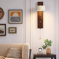 Rectangle Wood Travertine Wall Sconce Light with Pull Chain