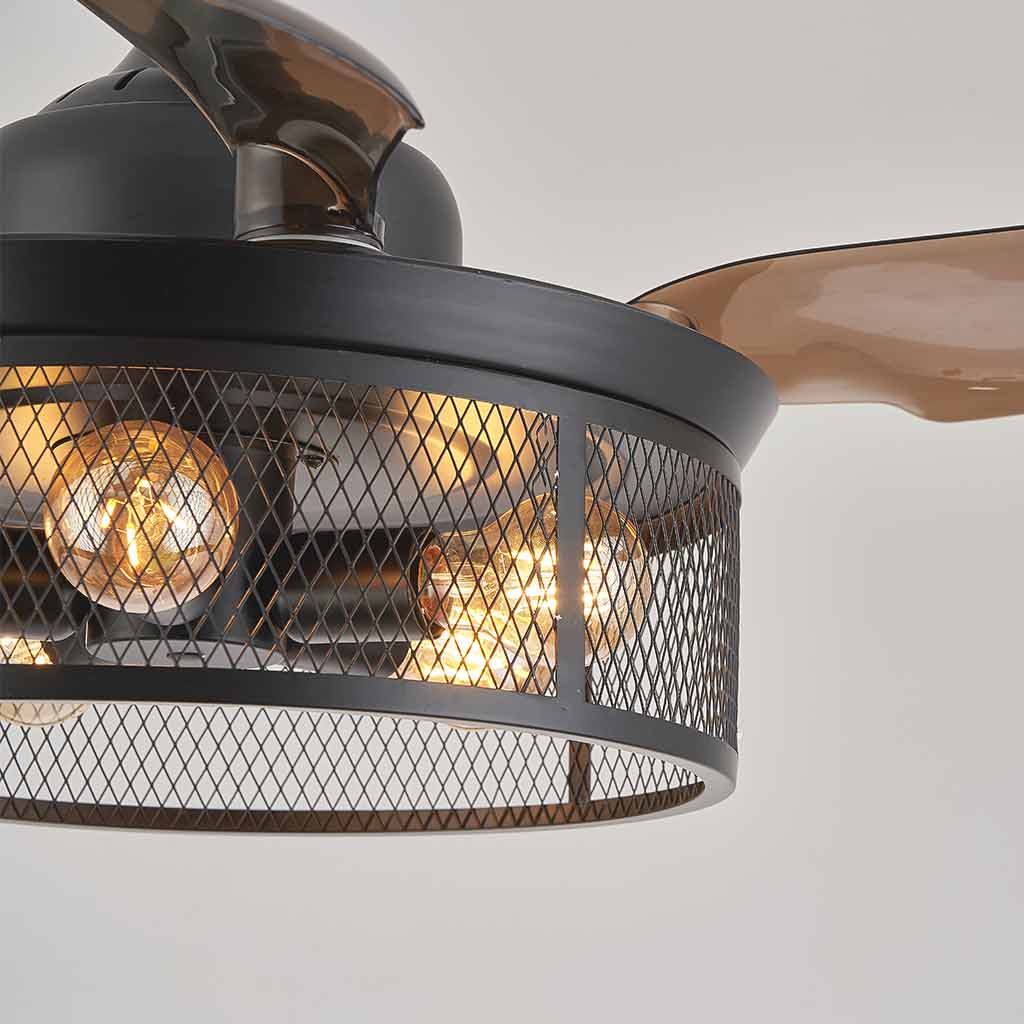 Ceiling Fan Light Cage Fandelier Retro with Retractable Blades, Coffee