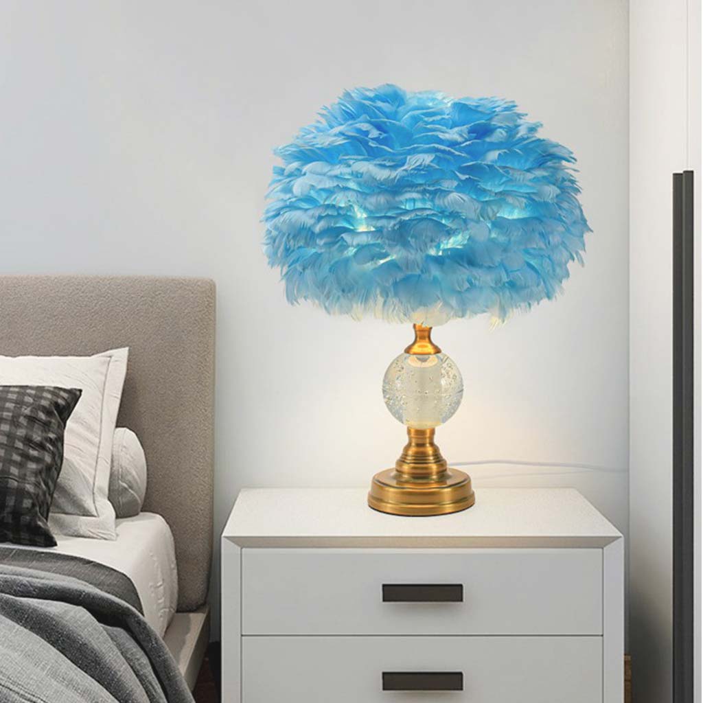 Romantic Crystal Feather Table Lamp Blue Bedroom