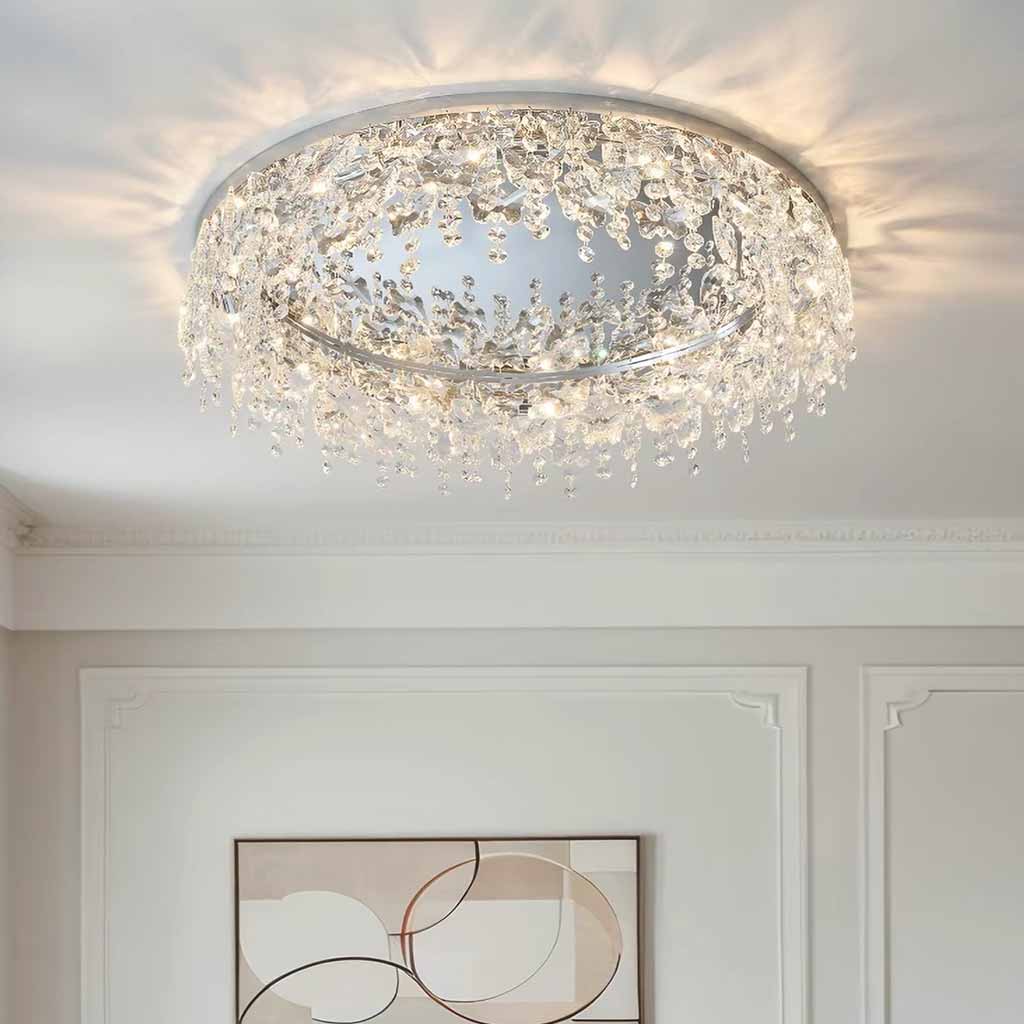 Ronde chroomkristallen plafondlamp met kwastjes, inbouwslaapkamer