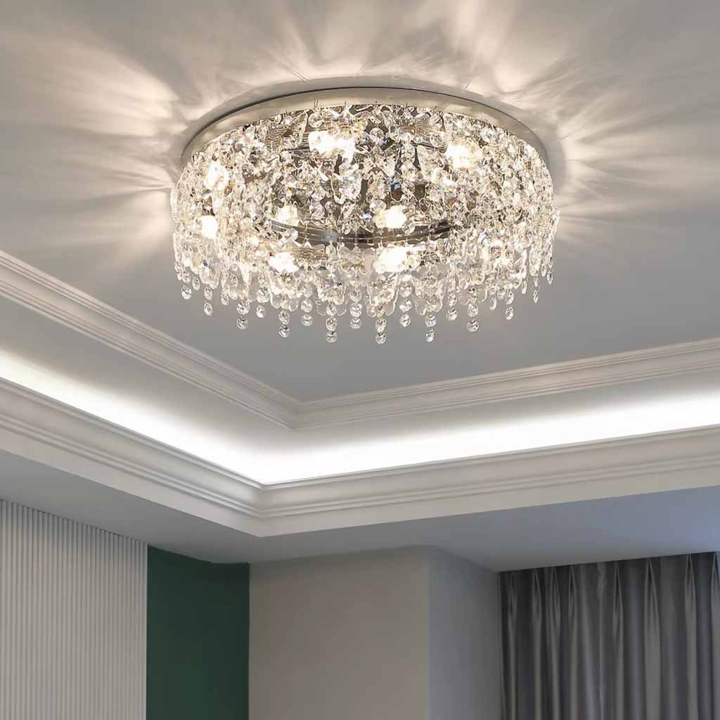 Ronde chroomkristallen plafondlamp met kwastjes, inbouwkamer